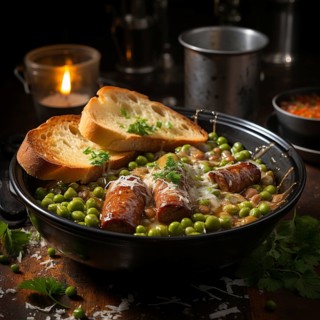 Pea soup with sausage and bread