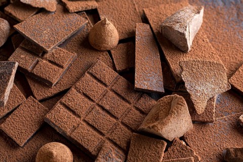High angle chocolate with candy cocoa powder