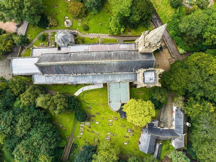 Top down over Llandaff Cathedral from a drone