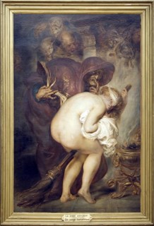 The young witch is trained in witchcraft by the old witch and practices flying on a broom