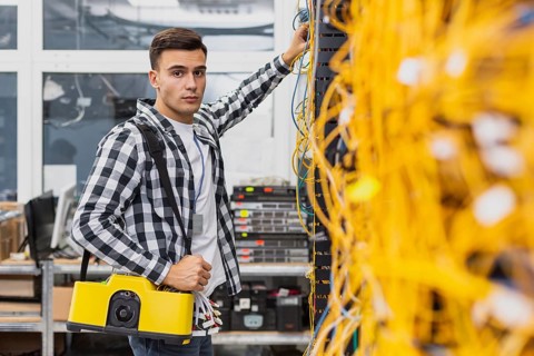Young network engineer with box working ethernet switches