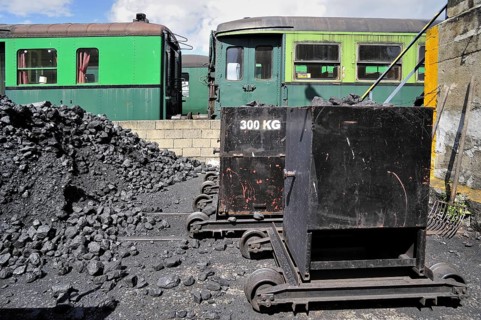 Heap of coal as fuel for steam train at the depot of the Chemin de Fer a Vapeur des Trois Vallees at Mariembourg