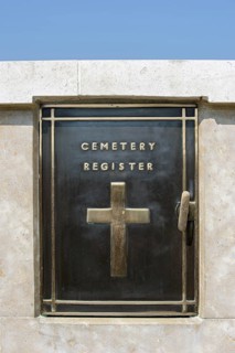 Locker with visitors' book and register at British Cemetery of the Commonwealth War Graves Commission burial ground for First World War One British soldiers