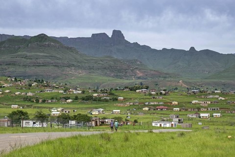 Drakensberg Mountain Range and rural settlement in the countryside of Mahai