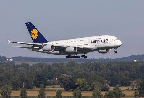 Lufthansa Airbus A380-800 from Boston approaching Munich Airport