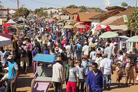 Malagasy people on busy weekly market in rural village near Antsirabe