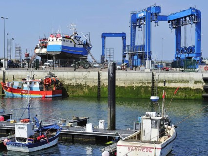 Trawler fishing boats on shipbuilding yard for maintenance works in the Guilvinec port
