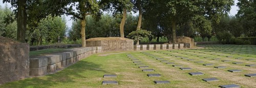 Bunkers and graves of fallen German soldiers at the First World War One military cemetery Deutscher Soldatenfriedhof Langemark