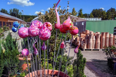 Art by glassblowers in a garden centre