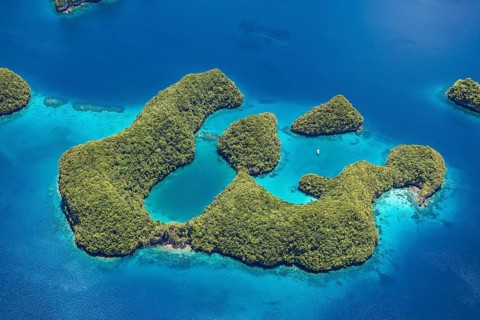 Bird's eye view of Ogyurottoru Island part of Urukthapel Islands of UNESCO Heritage Natural Rock Islands Islands in southern lagoon of Palau in the Pacific Ocean Western Pacific