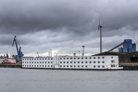 Arrival of pontoon De Reno in the Ghent port. Former floating prison from the Netherlands will now be used to accommodate up to 250 asylum seekers at the Rigakaai dock in the harbour of Ghent