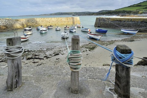 Knots in ropes of moored boats around wooden mooring posts at Port Racine