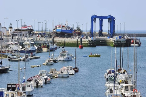 Trawler fishing boats on shipbuilding yard for maintenance works in the Guilvinec port