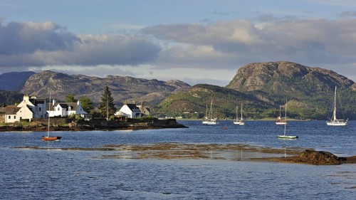 Sailing boats on Loch Carron moored at Plockton harbour