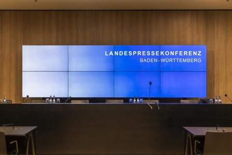 Press conference of the state government of Baden-Wuerttemberg. Empty seats
