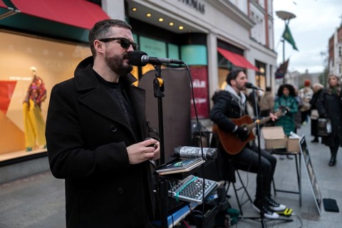 Andrew Kavanagh and Andrew Glover of the Irish rock group Keywest busking in Grafton Street. Dublin