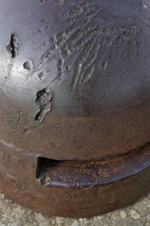 Armoured observation turret of the First World War One Fort de Douaumont showing impact of bullets and