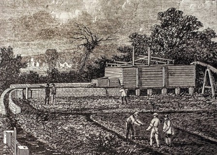 19th century engraving showing tank at the sewage farm near Barking