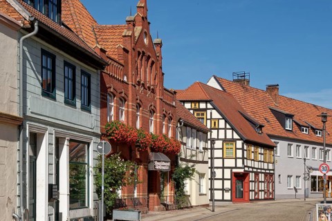 Buildings and shops in Breite Strasse in Osterburg