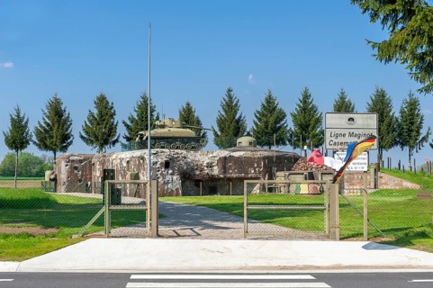 Esch casemate as part of the former Maginot Line. Here the entrance area with bunker and M4 Sherman tank