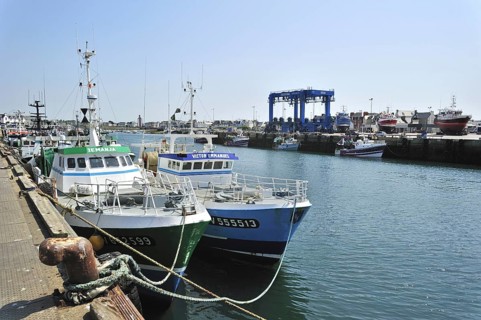 Trawler fishing boats on shipbuilding yard for maintenance works in the Guilvinec port