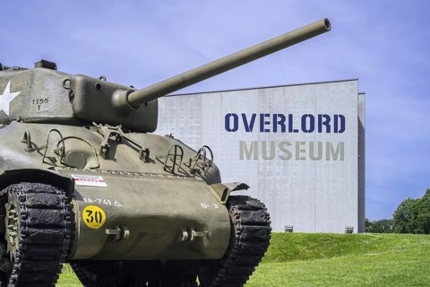 American M4 Sherman tank at the Overlord Museum near Omaha Beach about WW2 Allied landing during D-Day