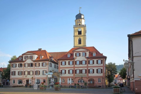 Twin houses and tower of St. John's Minster Church