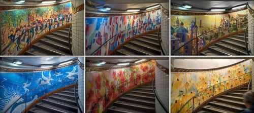 Multi-storey staircases in the Metro station Abbesses creatively designed with paintings