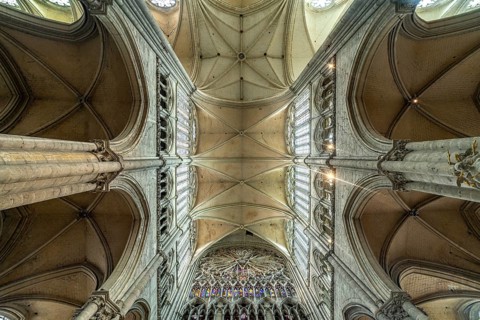 Church ceiling and columns of Notre Dame d'Amiens Cathedral