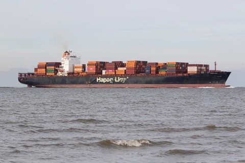 The container ship Missouri Express of Hapag-Lloyd shipping line entering the Elbe River in Cuxhaven