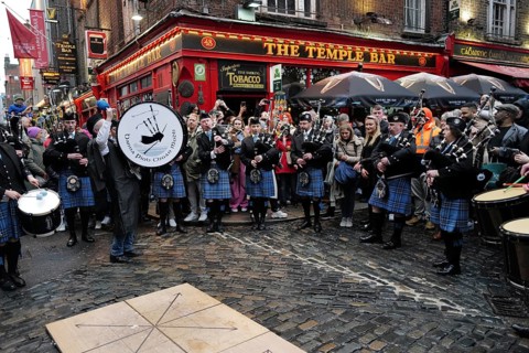 Members of the Clew Bay pipe band perform in Temple Bar during Tradfest