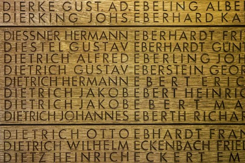 Names of fallen German soldiers at the First World War One military cemetery Deutscher Soldatenfriedhof Langemark