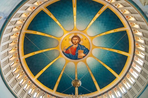 Ceiling painting of Christ in the Orthodox Cathedral of the Resurrection of Christ near Skanderbeg Square in Tirana. Albania