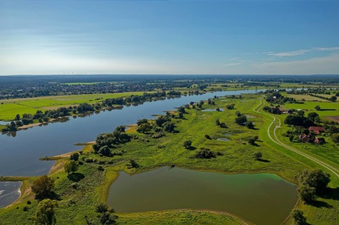 Aerial view of the Elbe floodplain near Neu-Bleckede in the Elbe River Landscape UNESCO Biosphere Reserve. Boizenburg