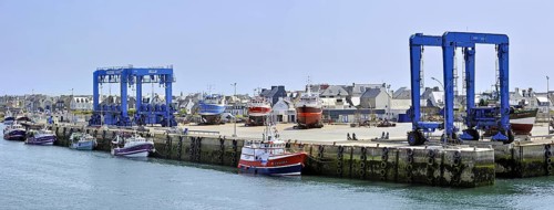 Trawler fishing boats on shipbuilding yard for maintenance works in the Guilvinec port