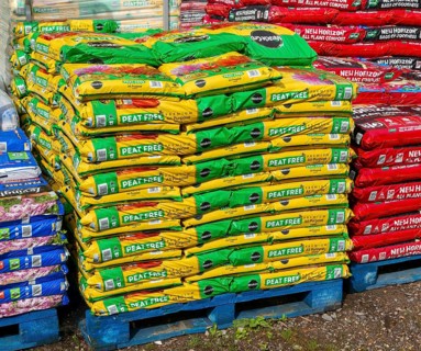 Bags of MiracleGro peat free compost on sale in garden centre