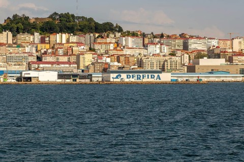 View of city and port from the sea Ria de Vigo estuary