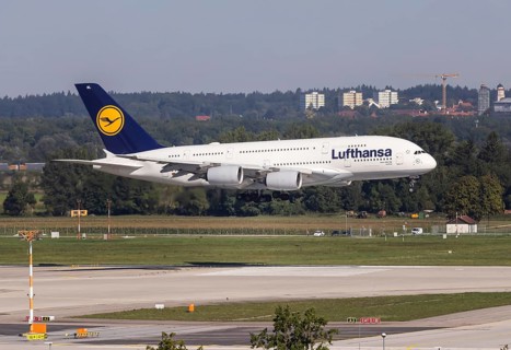 Lufthansa Airbus A380-800 from Boston approaching Munich Airport