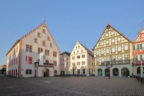 Town hall built 1564 with stepped gable and historic houses