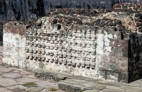 Wall of stone skulls called Tzompantli