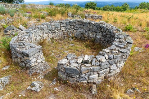 Roundhouse building San Cibrao de Las hill fort Castro Culture archeological site