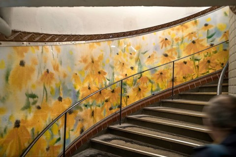 Staircase in the Metro station Abbesses designed with a watercolour of flowers