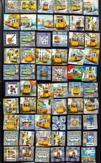 Ceramic fridge magnets of trams and azulejo tiles