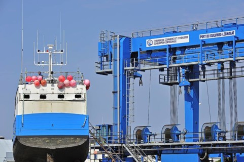 Trawler fishing boat on shipbuilding yard for maintenance works in the Guilvinec port