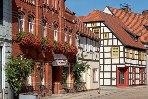 Buildings and shops in Breite Strasse in Osterburg