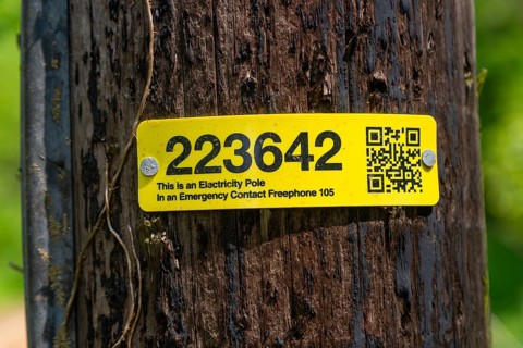 Yellow identification tag label with reference number on electricity pole