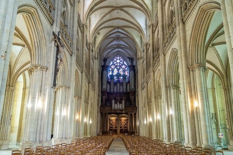 Interior and church organ of Notre-Dame de Coutances Cathedral