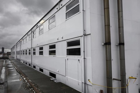 Arrival of pontoon De Reno in the Ghent port. Former floating prison from the Netherlands will now be used to accommodate up to 250 asylum seekers at the Rigakaai dock in the harbour of Ghent