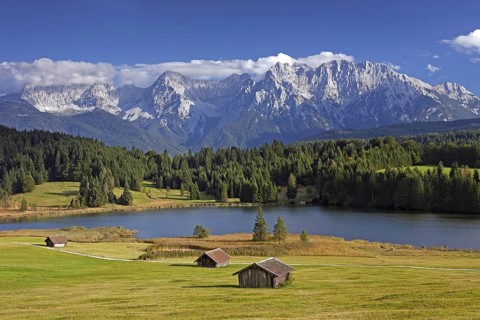 The Karwendel Mountain Range and huts along lake Gerold