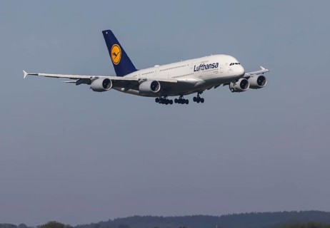 Lufthansa Airbus A380-800 from Boston approaching Munich Airport
